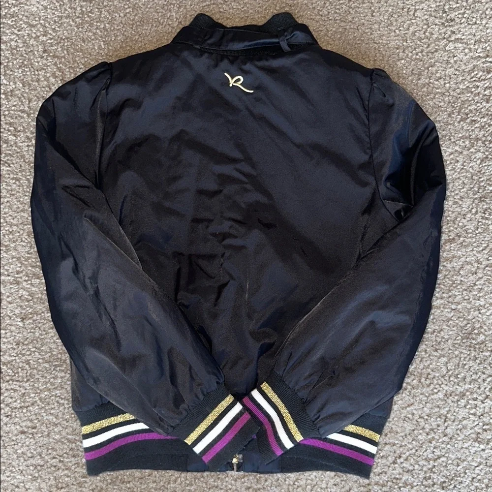 Rocawear Kids Black Puffer Jacket with Gold, Purple and White Stripes